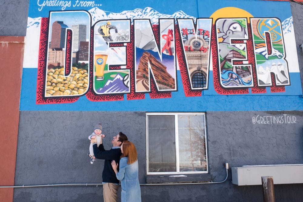 welcome to denver sign with family portrait