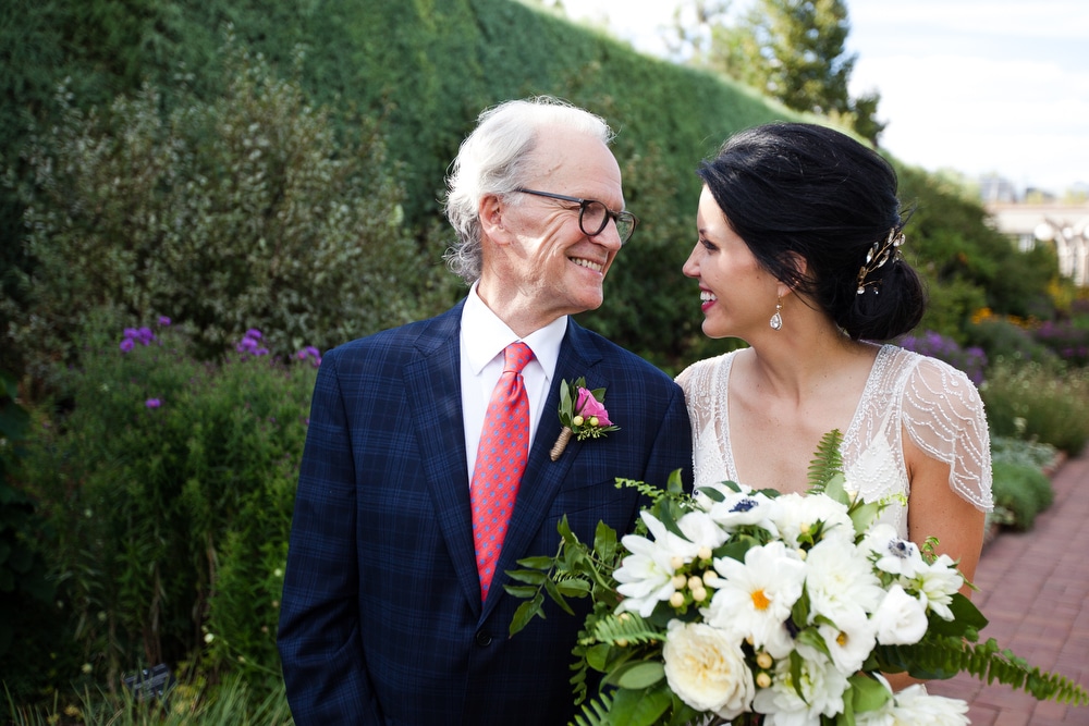bride with father at denver botanic gardens