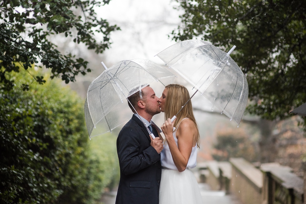clear umbrellas in rainy wedding