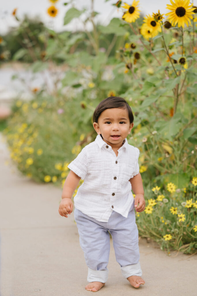 a boy in the sunflower garden at Wash Park in Denver